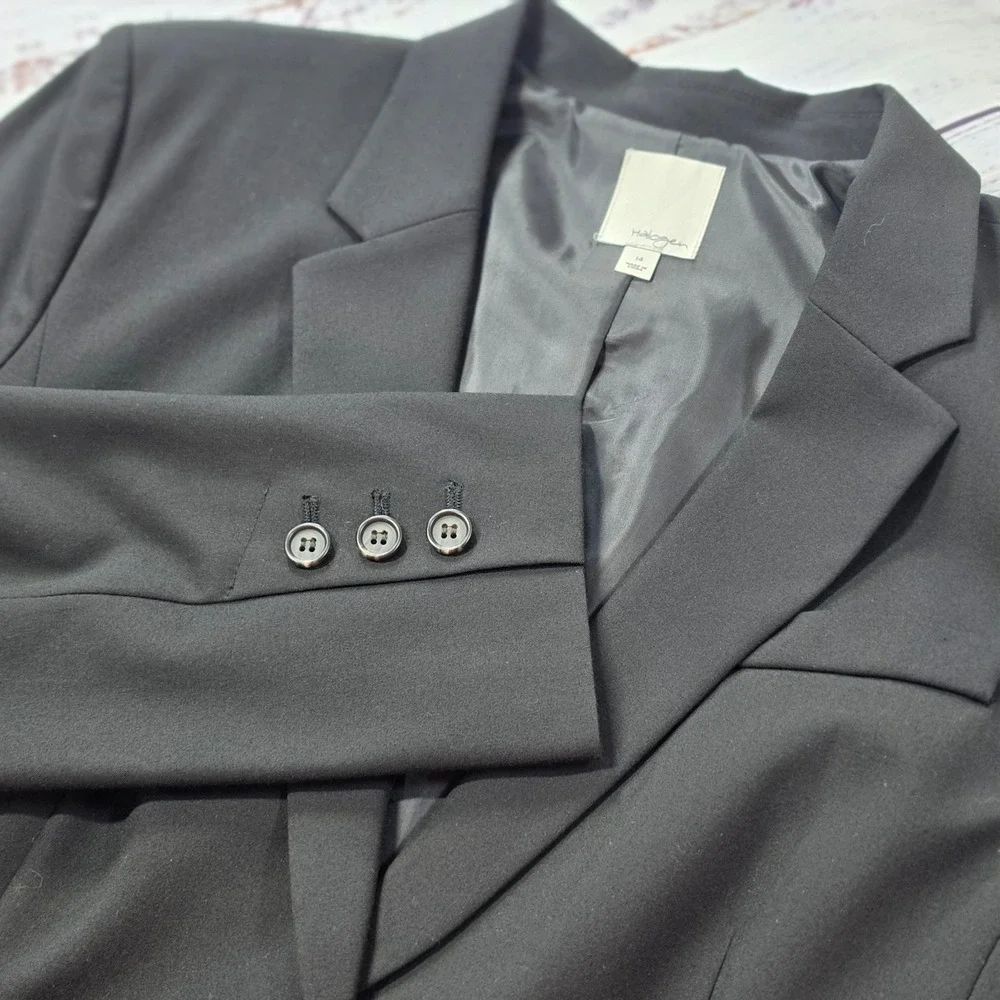 Halogen Blazer Women Size 14 Black Excellent One Button Tailored Suit Jacket